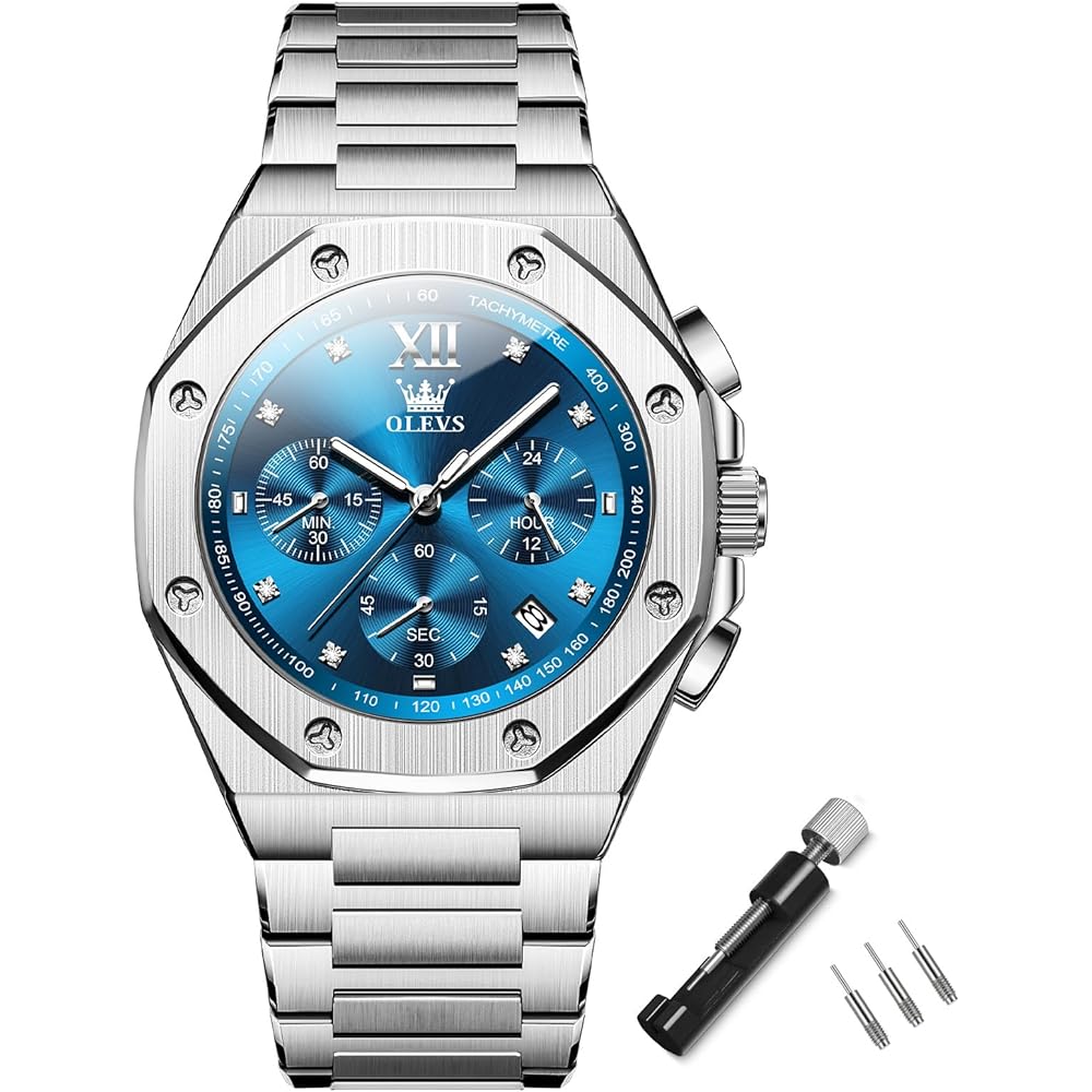 Olevs Men s Octagonal Silver Watch Waterproof Analog Quartz Stainless Steel Dress Business Timepiece