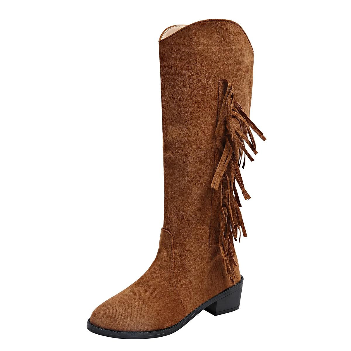 

Модные женские винтажные сапоги до колена с кисточками, с острым носком, ковбойские длинные сапоги, женские западные сапоги для верховой езды, осенне-зимняя обувь для женщин 2024 35 коричневый