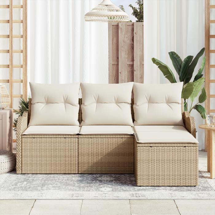 Ensemble Canapés Jardin 4 Pièces avec Coussins Beige Poly Rattan, Canapé Jardin 2 Places avec Coussins Beige Poly Rattan 3345651