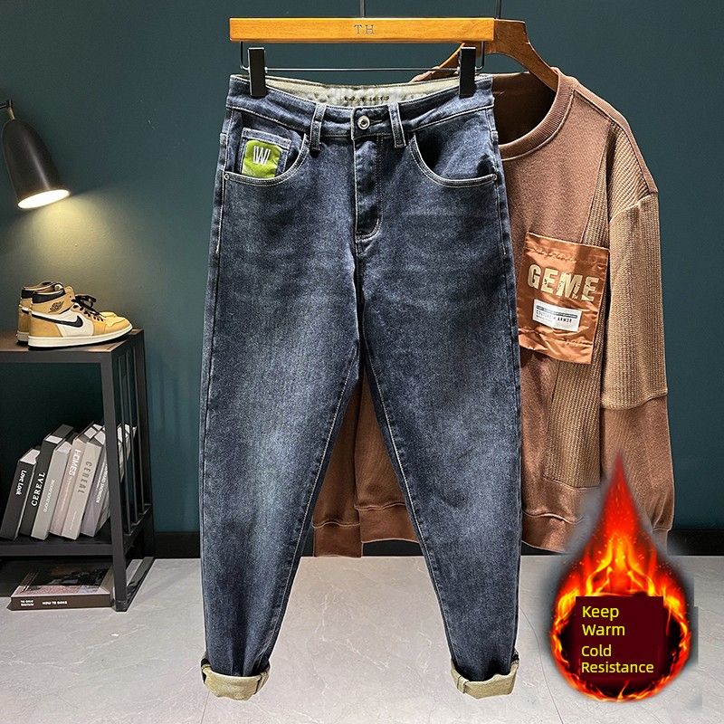 Clearance Vintage Straight Loose Thickened Casual Jeans for Men, New Trendy Brand Long Pants for Spring, Autumn, and Winter Blue 32