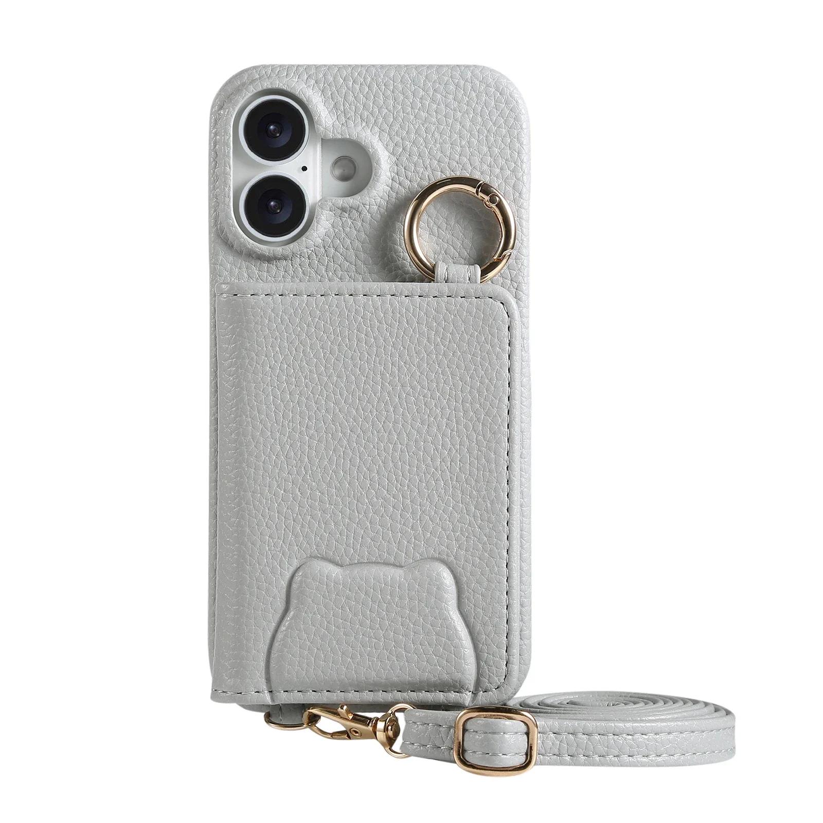 Кошелек-сумка через плечо с отделениями для карт, кожаный, милый, с держателем-кольцом-зеркалом, чехол для iPhone 16 Pro Max 15 Plus 14 13 12 11, ремешок, чехол-мишка For iPhone 16 Pro Max синий