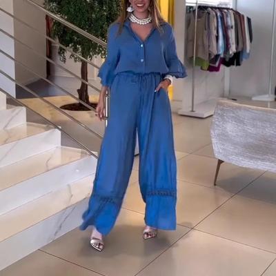 Women's Wide Leg Jumpsuits Button Up V-neck 45720 Ruffle Sleeves Romper Summer Casual