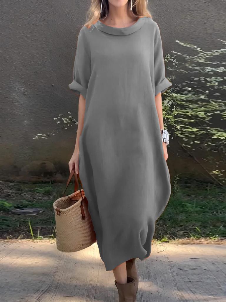 2026 Plus Size European & American Style Women’s Casual Loose Mid-Sleeve Swing Dress