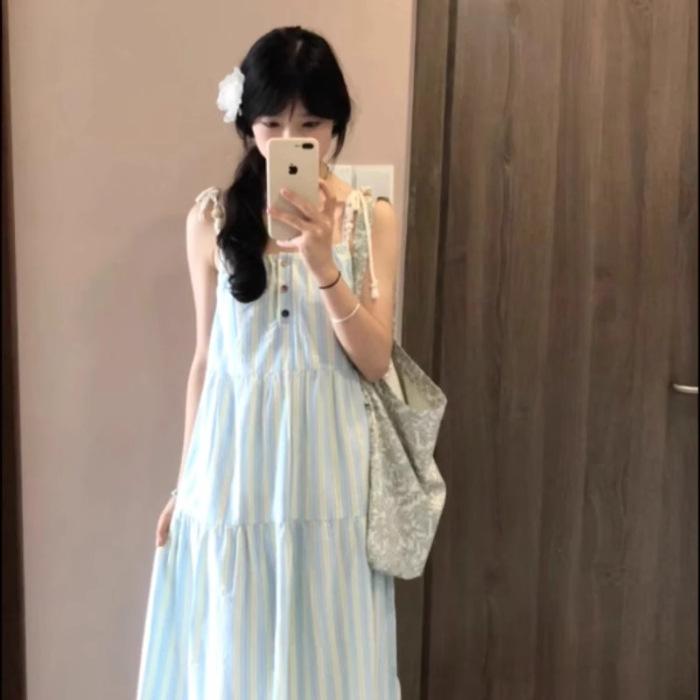 [Original practice] French temperament blue striped suspender dress children summer small seaside vacation long S