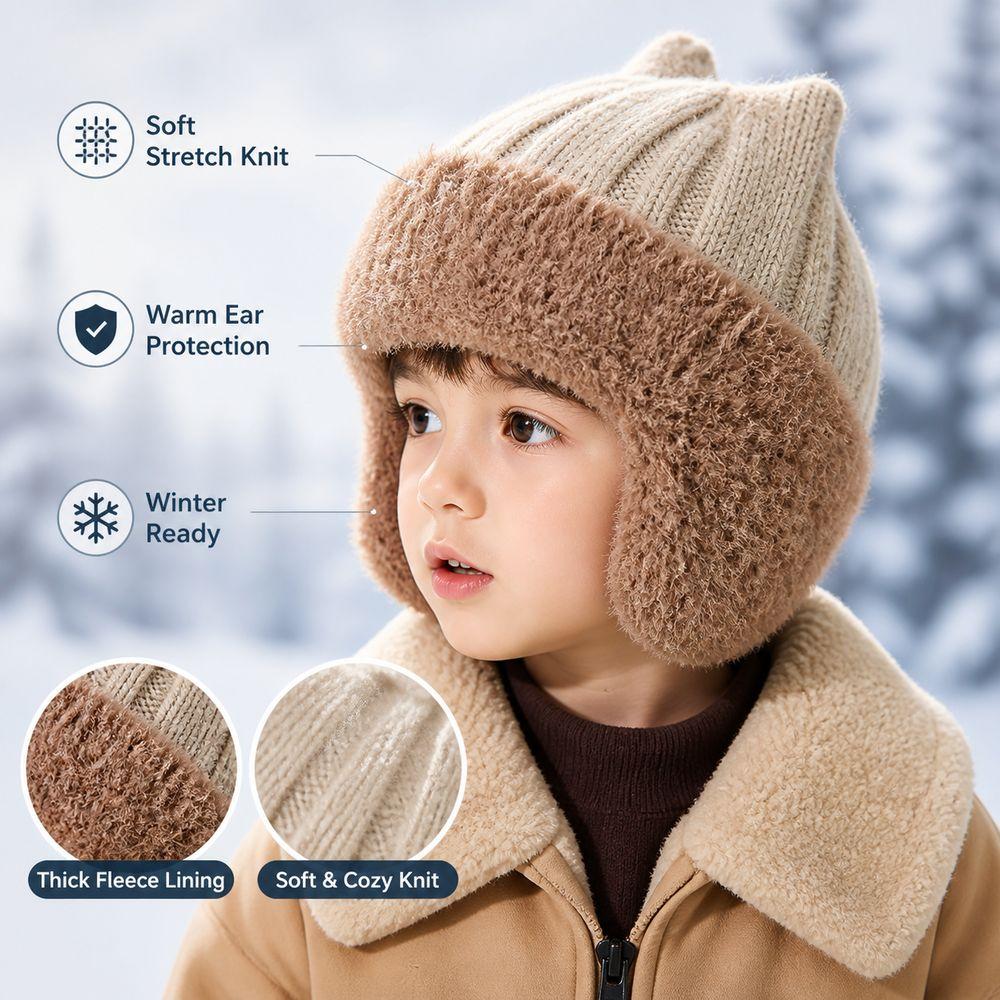 Ribbed Knit Winter Earflap Hat Plush Lining Cat Ear Beanie New Plush Lined Hat For Children