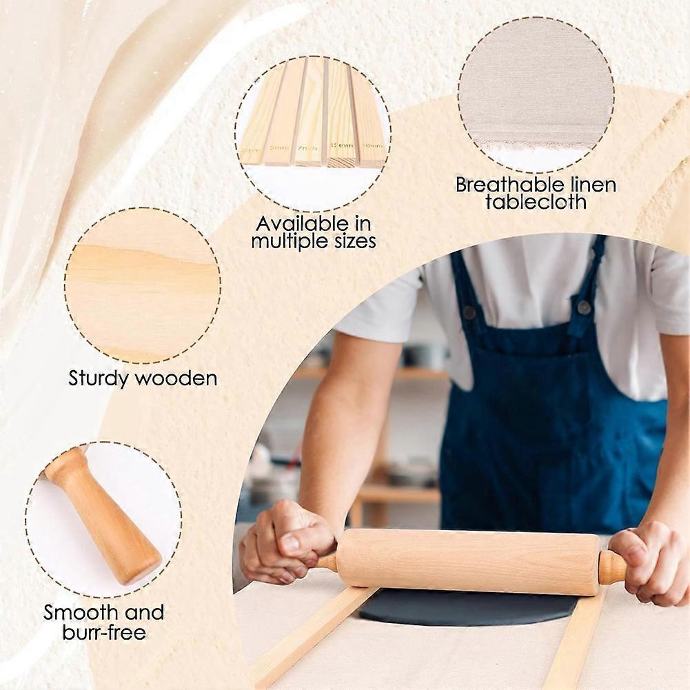 12 Pcs Pottery Tools Teaching Set, Include 17inch Slab Roller 10 Pcs Wooden Rolling Pin Guides 1 Li