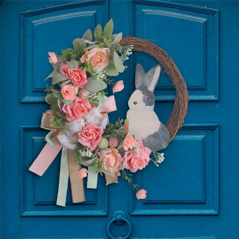 AEE4-Easter Wreath For Front Door Decoration Easter Egg Bunny Flower Garland For Front Door Art Decor Spring Door Wall Window