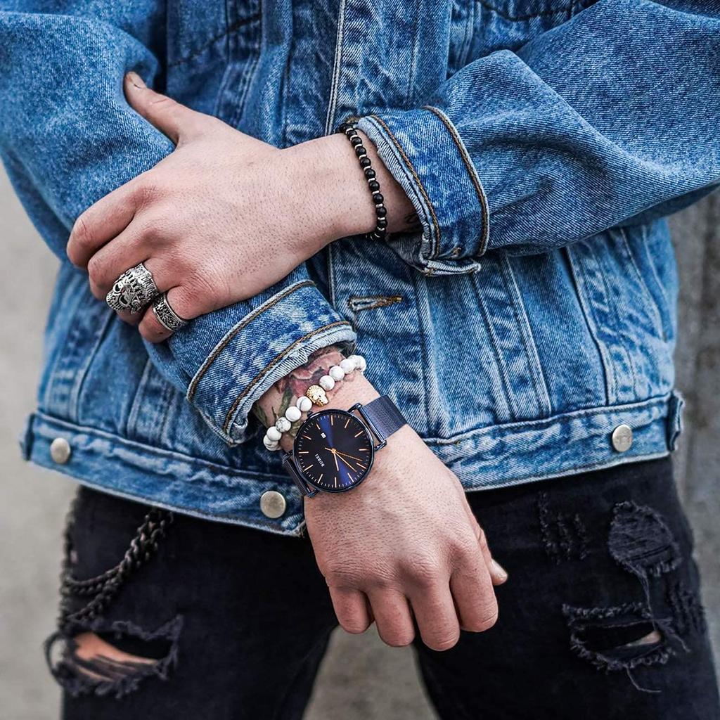 BUREI Men's Minimalist Waterproof Analog Wristwatch Milanese Mesh Band Stylish Date Blue