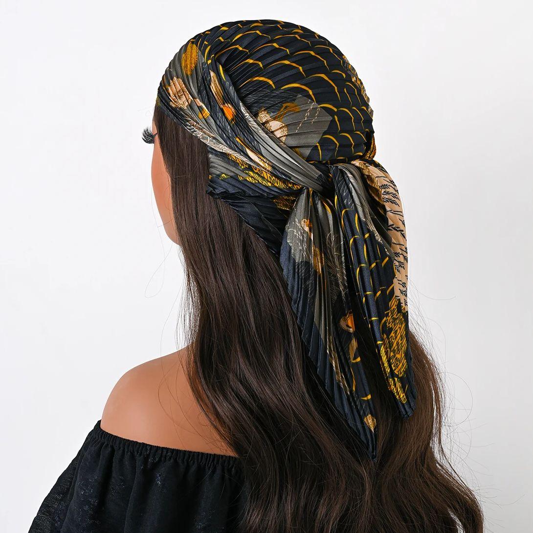 

Four Seasons New 70cm Silk Pleated Scarf Print Small Scarves Square Scarf Satin Neckerchief Decorative Headscarf Bandana