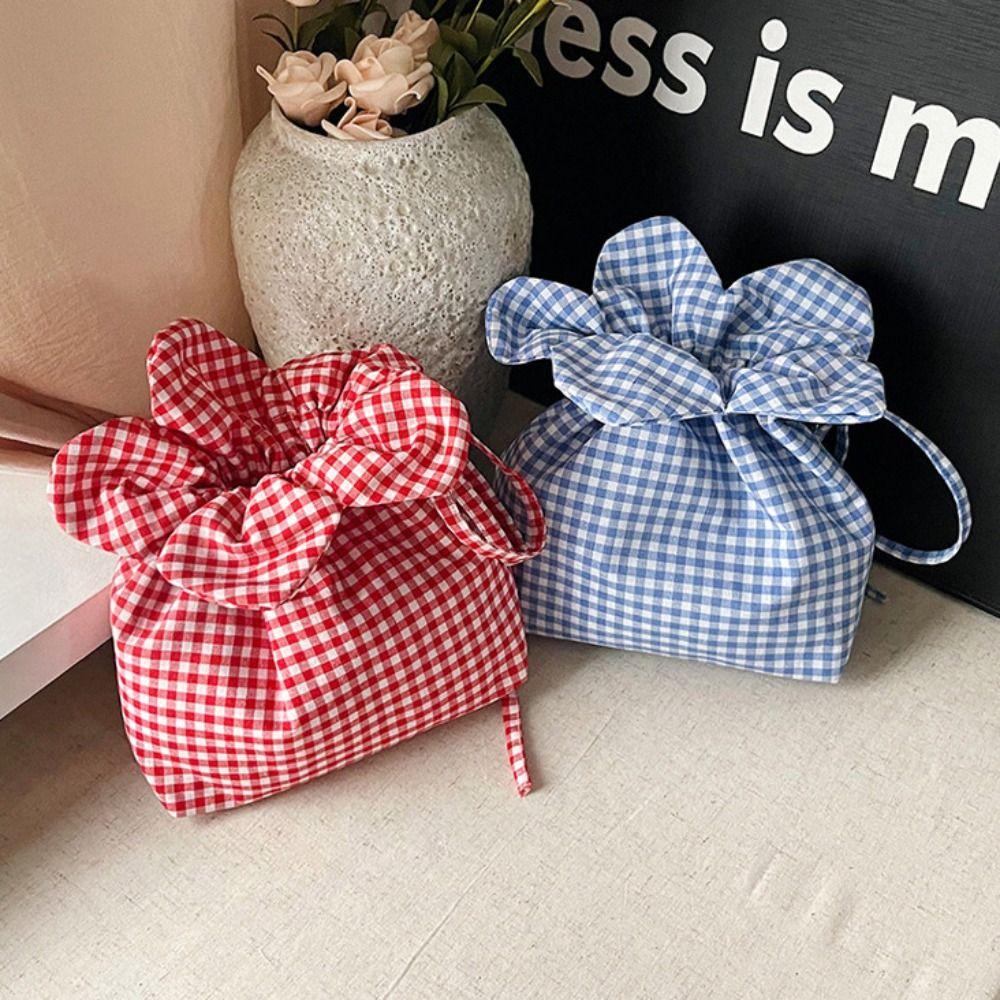 Cute Plaid Flower Crossbody Bag Portable Ins Shoulder Bag Casual Flower Drawstring Bag  Travel