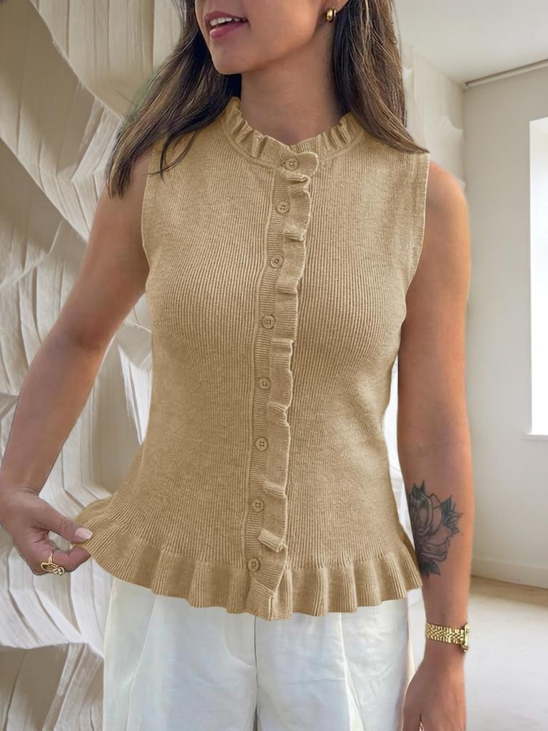 Women's Sleeveless Sweater Vest Ruffle Button Down Knit Tank Top
