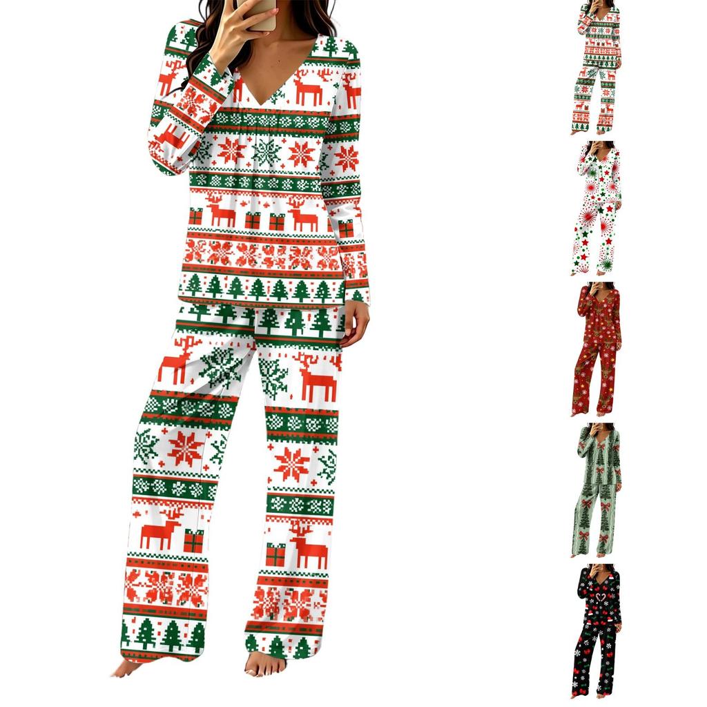 Women's Casual Fashion V-neck Loose Christmas Printed Pajamas Pajamas Set