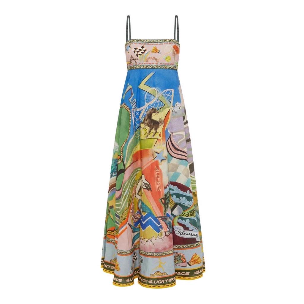 2025 Sommer Damen Ärmelloses Spaghettiträgerkleid - Graffiti Leinen mit großem Saum