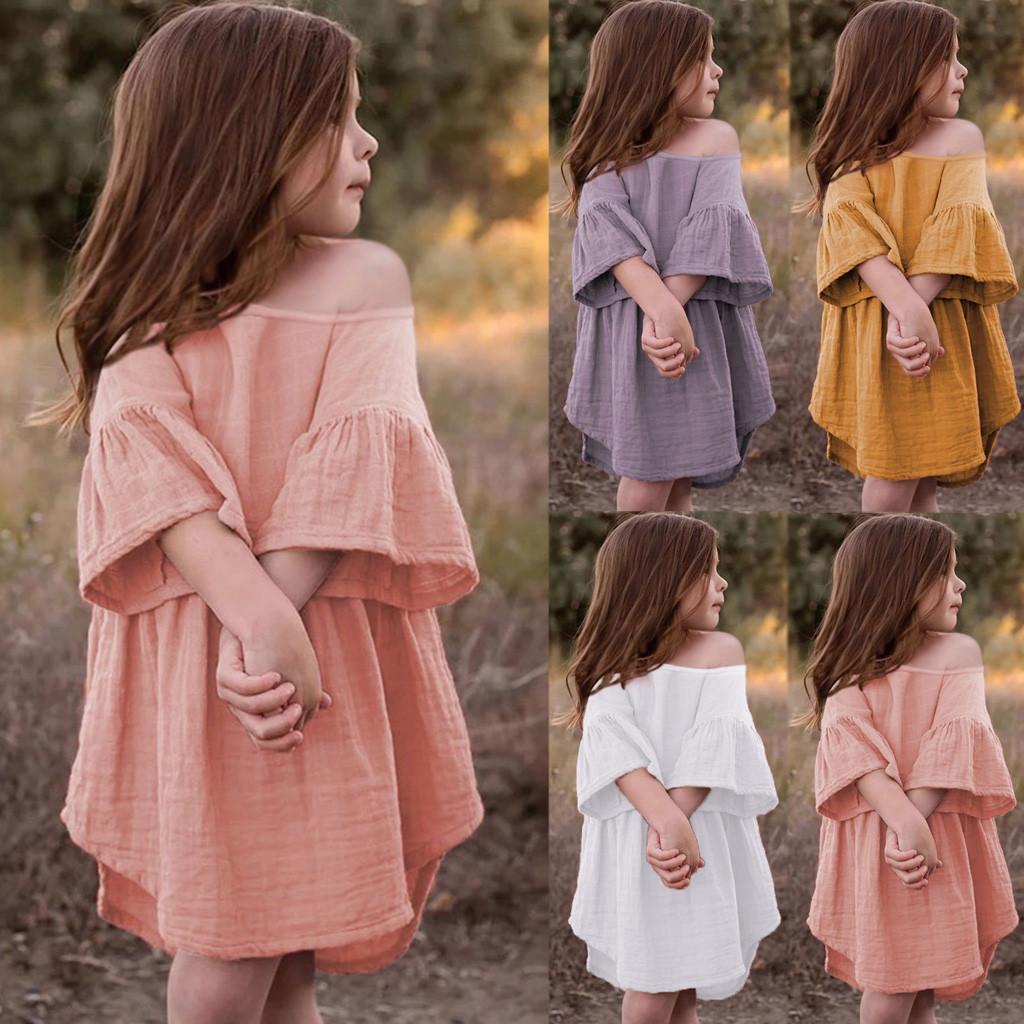 

Малыш Малыш Девочки С Плеча Flare Рукав Оборки Твердый Принт Платье Одежда