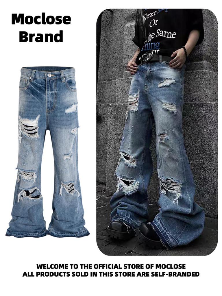 Moclose Retro Washed Cat Whisker Ripped Micro Flare Wide-Leg Jeans Unisex