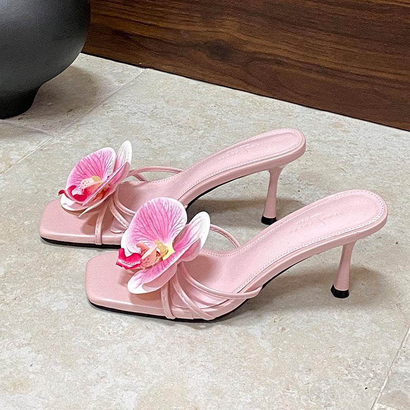 Fashion Female Slip On Footwear Square Toe Ladies High Heels Pumps Slides Shoes Luxury Fashion Flower Women Thin Heels Shoes 2025 New