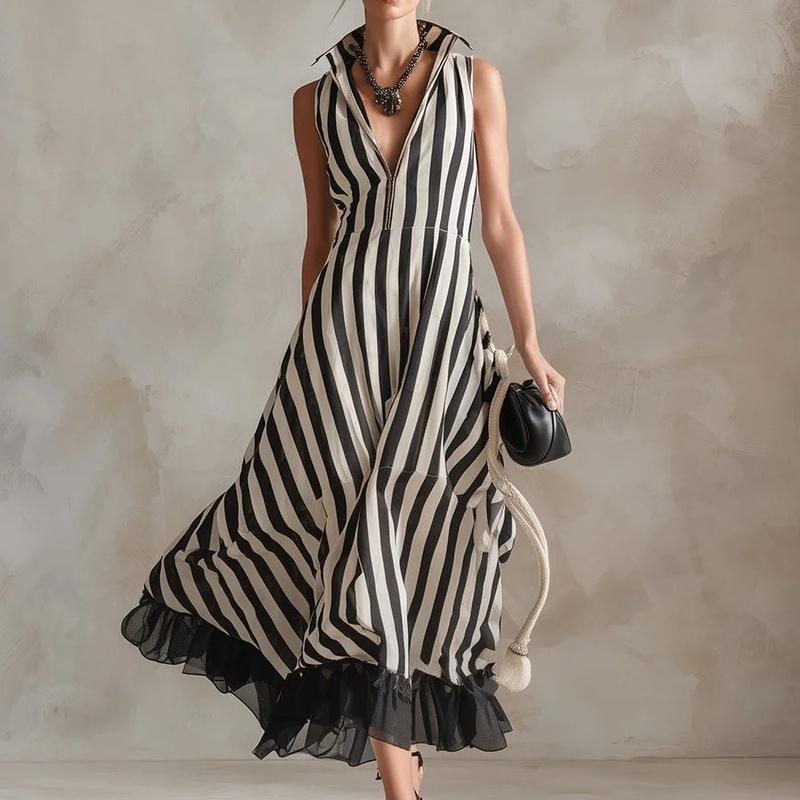 European Style Women Vacation V-Neck Striped Color Block Tank Maxi Dress L