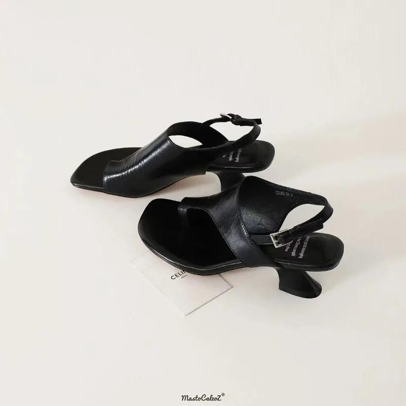 NEW Women's Classic Style Full Genuine Leather Chunky Heel Sandals With Square Toe And Solid Colour Casual Shoes