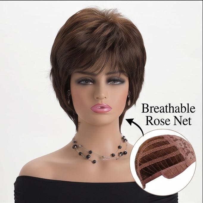 Women's Short Wavy Synthetic Wig - Natural Mixed Brown Hairpiece, Breathable & Lightweight for Daily, Party & Casual Wear, Ready Stock