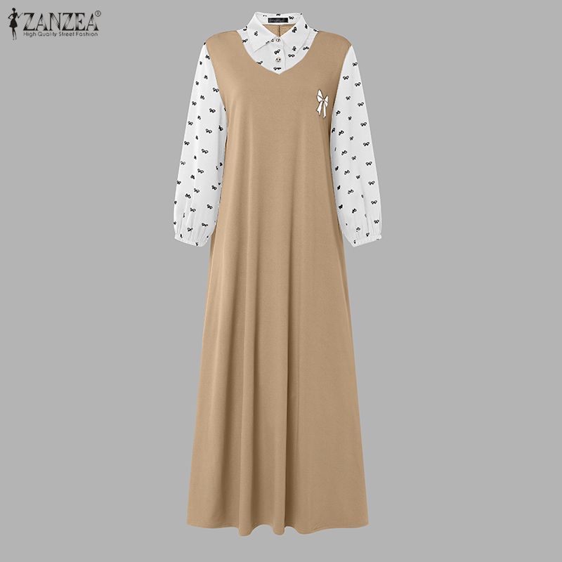ZANZEA Abito Lungo da Donna Autunnale con Scollo a Revers, Manica Lunga, Patchwork, Finto Due Pezzi, Stampa Floreale, Casual, Svasato