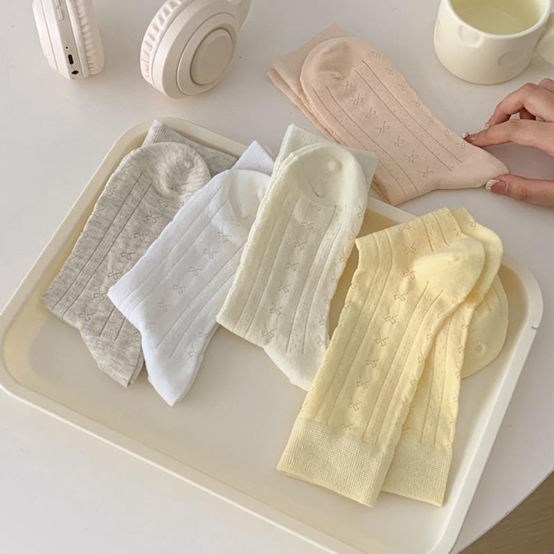 5 Pairs of Women Spring and Summer Thin Sweet Simple Bow In The Tube Pile Socks
