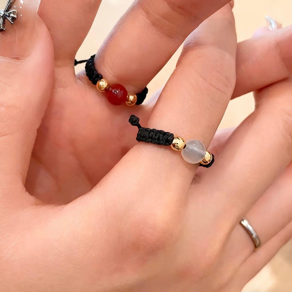 Red Bean & Red Agate Woven Copper Coin Ring for Women - Trendy Niche Design for Couples & Best Friends Pinky Ring.