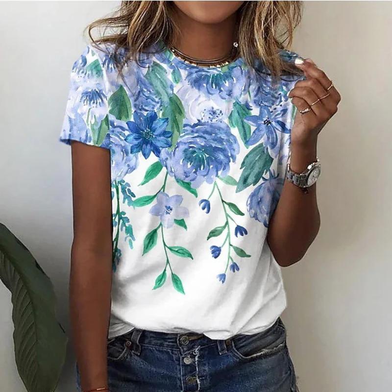 Casual Floral 3D Printed Short Sleeved T-shirt for Women In Summer Loose Simple Trendy Printed Women's Clothing Shirt