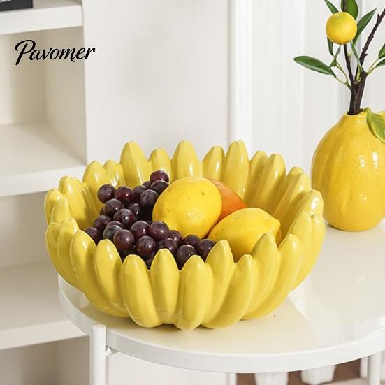 Kitchen Countertop Organizer Ceramic Banana Fruit Bowl, Hand-Painted Stable Base Decorative Snack Unique Housewarming Gift Tray, Large Capacity