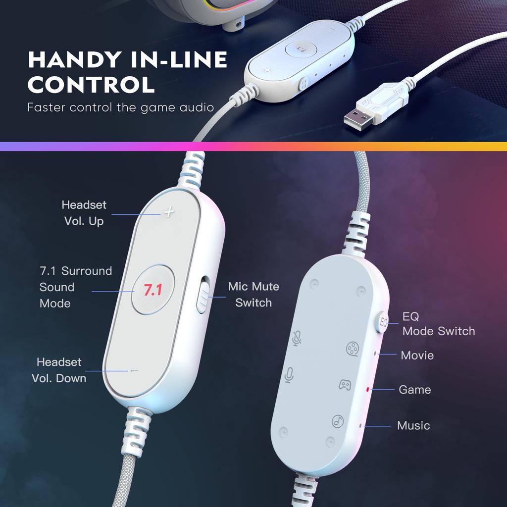 FIFINE RGB Gaming-Headset mit 7.1 Surround Sound/3-EQ/MIK, Over-Ear-Kopfhörer mit Inline-Steuerung für PC PS4 PS5 Ampligame-H6W