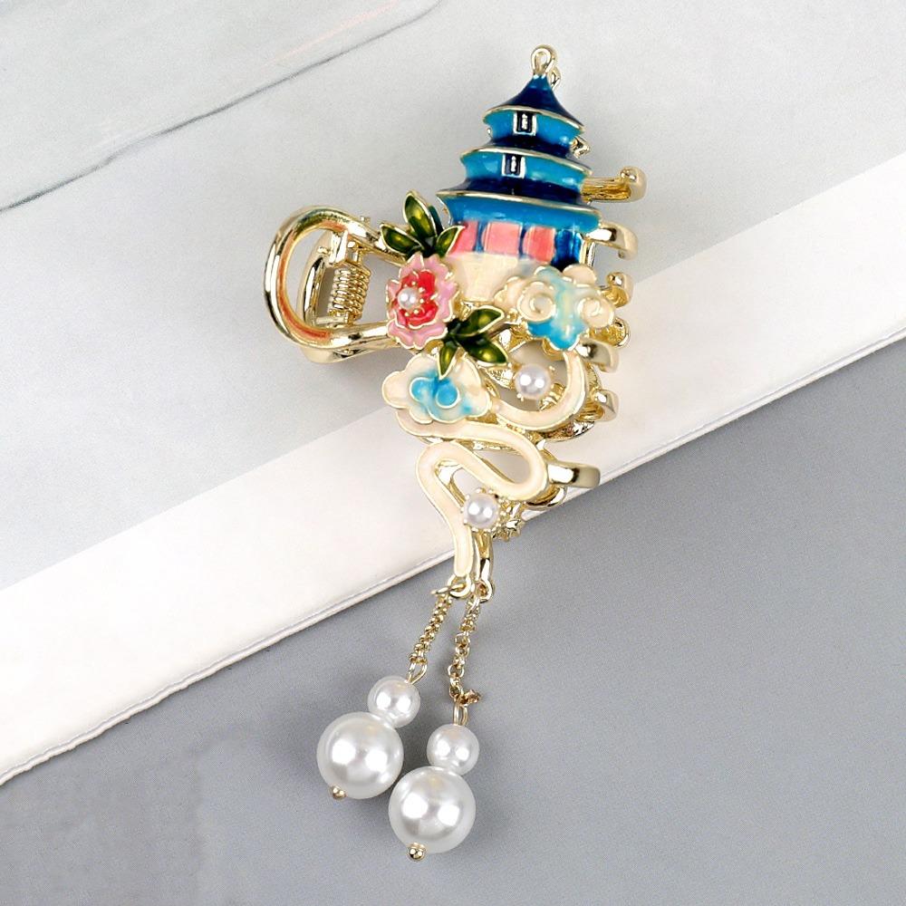 enamel Chinese Style Hair Claw Pearl Metal Shark Clip Cheongsam Design Hair Clip  Girls