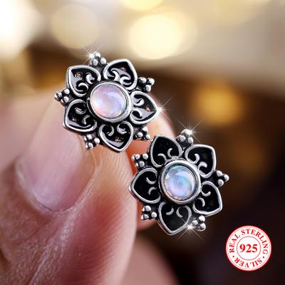 Vero argento sterling 925 eleganti orecchini a bottone a forma di fiore per le donne accessori per le orecchie vintage gioielli per feste in pietra opale