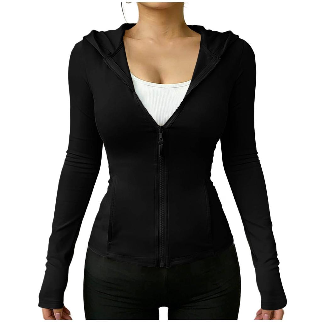 Women’s Casual Hooded Zip Up Jacket with Thumb Holes Long Sleeve Slim Fit Breathable Lightweight Top for Everyday Wear