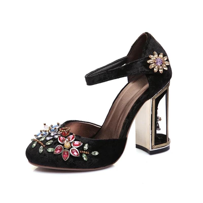 Fashion Summer Retro Floral Pleuche Shoes Women Pumps Luxurious Cutouts Bird Cage High Heels Crystal Female Women Sandal Big Size 34-43