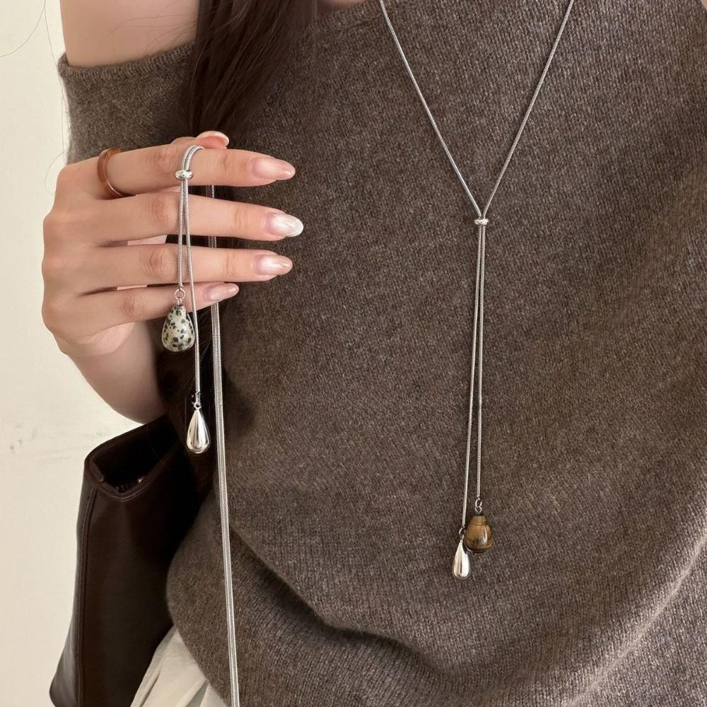 Tendance Style Maillard Œil de Tigre Pierre Goutte d'Eau Pendentif Collier Long en Y pour Femmes Chaîne de Pull Réglable Bijoux Cadeaux