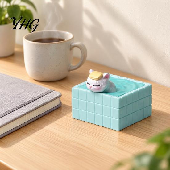 Decorative Cat in Bathtub Cute Bathing Figurine, Mini Kitten Blue Statue, Micro Landscape Charming Office Desk Decor Fairy Garden Ornament,