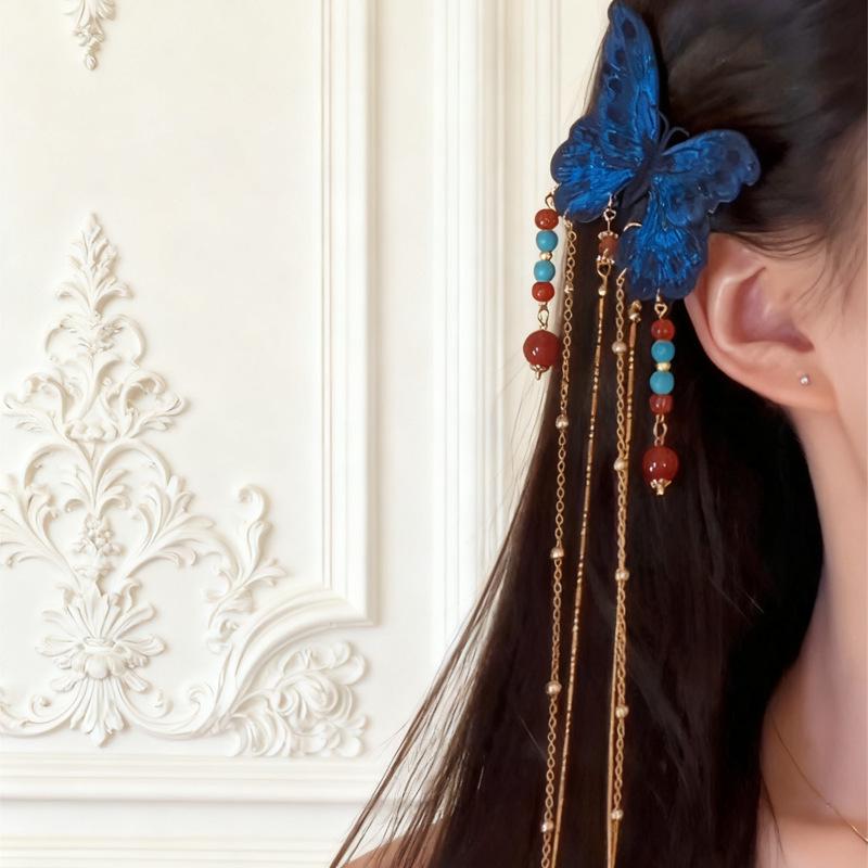 Exquisite Blue Butterfly Tassel Hair Clip | Ethnic Chinese Style
