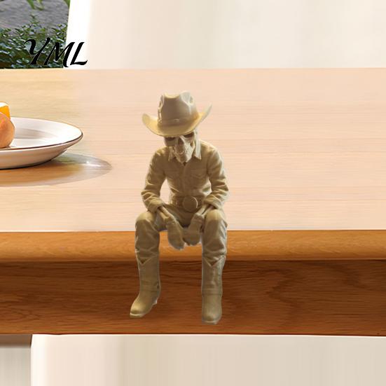 Unique Home Decorative Accents 3D Printed Western Cowboy Skeleton Figurine, Sitting Statue Edge Decor for Sitter, West Style Desktop Shelf Office