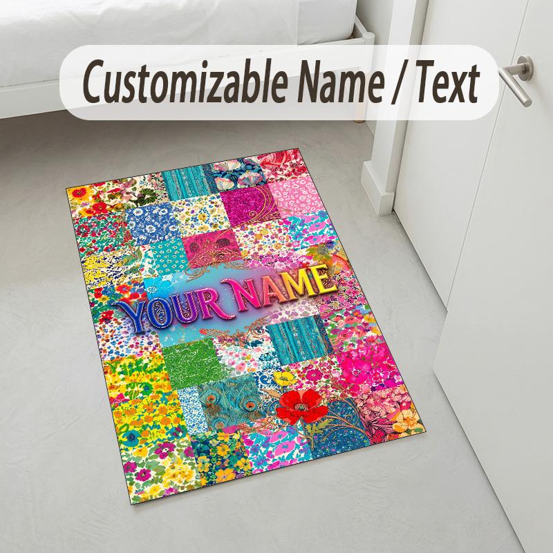 Floral Garden Theme Crystal Velvet Rug Personalized Custom Name Text Soft Floor Mat Home Decor