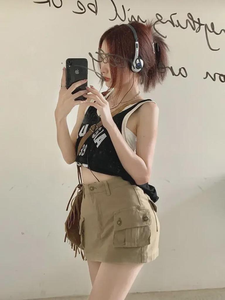 Women's High-Waisted Khaki A-Line Denim Skirt - Summer Retro Style, Anti-Exposure Design