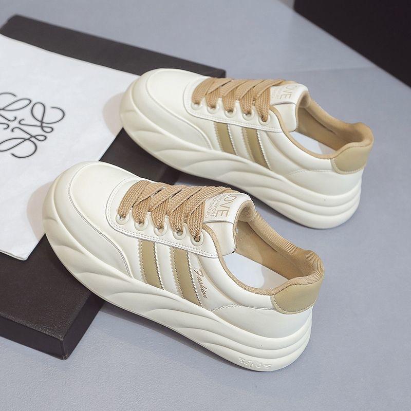 Leather White Shoes Women's Spring and Autumn 2024 New Thick-soled Heightening Bread Shoes Super Fire Versatile Casual Sports Shoes