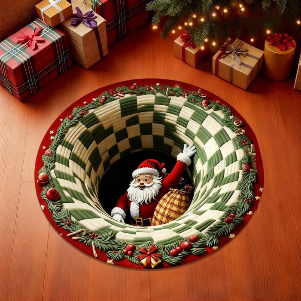 2D Flat Printed 3D Illusion Rug Santa Claus Xmas Home Decor Round Vortex Carpet  Indoor