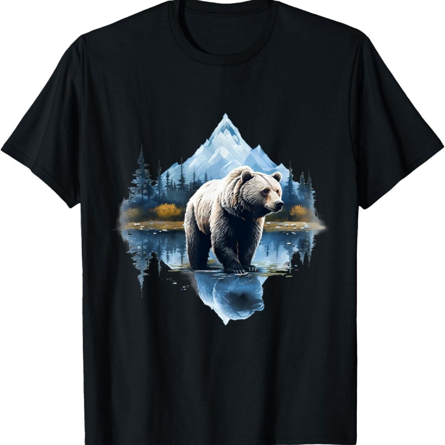 Bear Forest Animal Lovers Motif Landscape Artwork Wildlife T-Shirt S чёрный