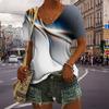 Women's V-Neck Short Sleeve Blue Light Printed Tops Loose T-Shirt Casual Blouse