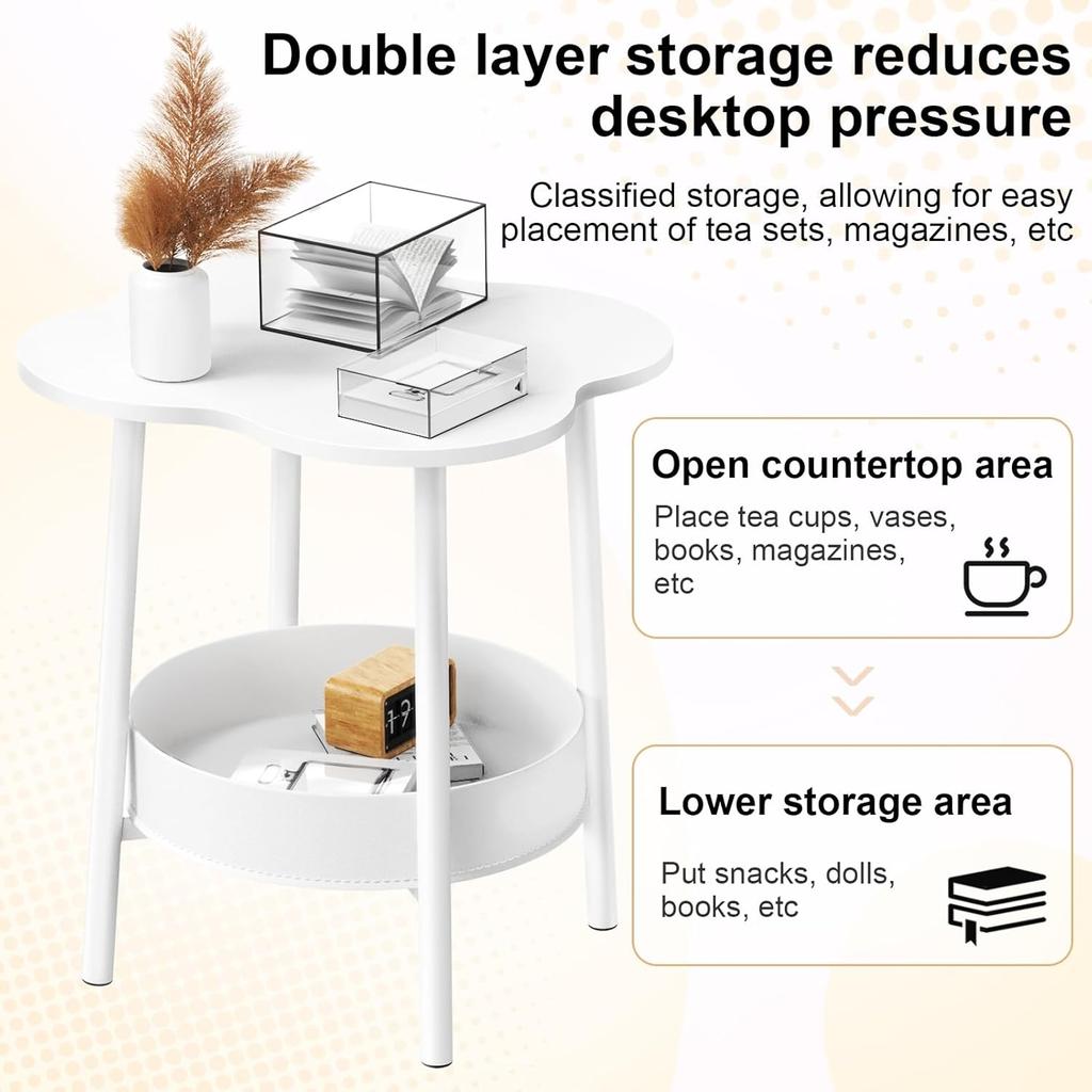 Couchtisch mit unterer Ablage, Mid-Century Modern Beistelltisch Weiß Sofa Beistelltisch, Blumenförmige Nachttische Nachttisch für Wohnzimmer, Schlafzimmer,