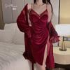 Women's French Velvet Lace Push Up Removable Pads Sleep Dress with Robe Lounge Set