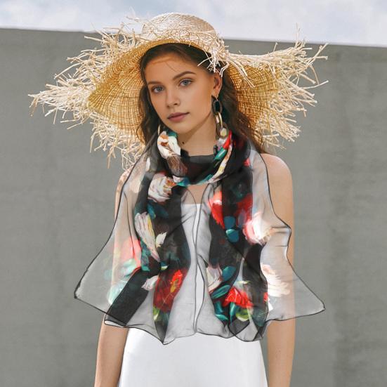 Женский шарф из искусственного шелка с цветочным принтом, длинный мягкий шарф, защита от солнца, пляжный, для путешествий, для улицы, легкая шаль