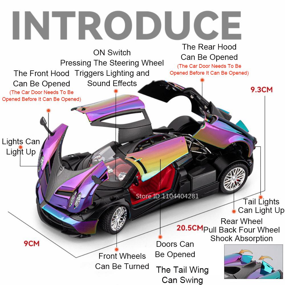1:24 Pagani Huayra Dinastia 720s Miniature Sportscar Model Diecast Alloy Toys Doors Opened Sound Light Pull Back Vehice Boy Gift