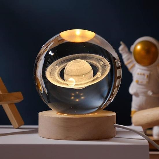 Moon Crystal Ball Night Lamp, Creative Engraved  Room, USB Table LED Lamp with Woodern Base, Light for Home Office Decoration Birthday Gift