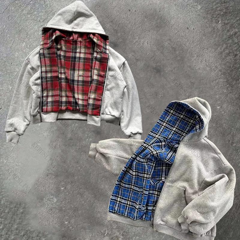 ZYLLO Hip-hop Streetwear Fake Two-piece Plaid Cardigan Hooded Sweatshirt Jacket American Retro Fashion All-match New Unisex Jacket Emo