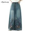 Plus Size Spring Summer Women Wide Leg Jeans Drawstring Elastic Waist Floral Embroidery Casual Loose Denim Pants Vintage Elegant Baggy Ladies' Jeans